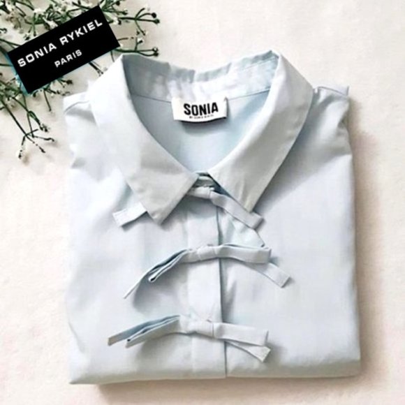 SONIA RYKIEL 100% Cotton Light Blue Pretty Triple Bow Blouse Top Button Collar - Picture 3 of 12